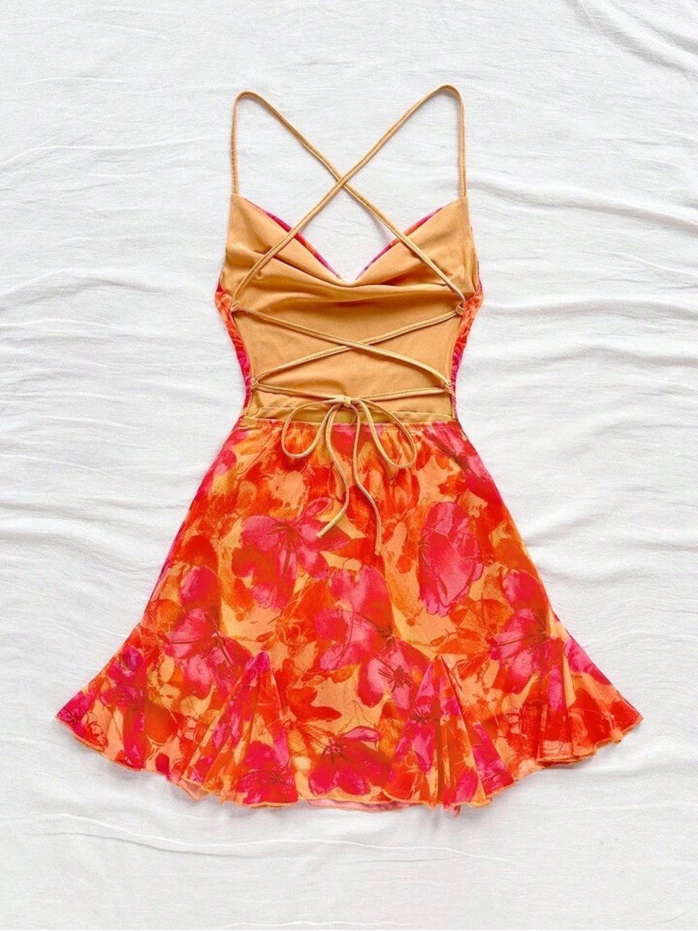 SHEIN Orange & Pink Floral Spaghetti-Strap Mini Dress - Picture 2 of 3